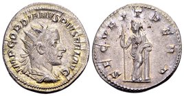 Gordian III 
Rome, 243-244 AD. AR antoninianus, 4.45 gr. IMP GORDIANVS PIVS FEL AVG radiate, draped and cuirassed bust of Gordian III right, seen fro...