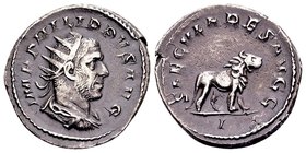Philip I
Rome, 248 AD. AR antoninian, 4,07 g. IMP PHILIPPVS AVG, radiate, draped and cuirassed bust of Philippus I right / SAECVLARES AVGG, lion walk...