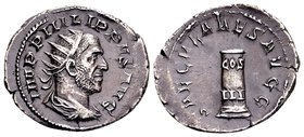 Philip I
Rome, 248 AD. AR antoninianus, 3.56 g. IMP PHILIPPVS AVG draped, cuirassed, radiate bust of Philip I right / SAECVLARES AVGG cippus with ins...