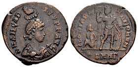 Arcadius
Nicomedia, 383-388 AD. Æ3 (maiorina?), 4.98 g. D N ARCADIUS PF AUG diademed, draped, cuirassed bust right, holding spear and shield; Manus D...