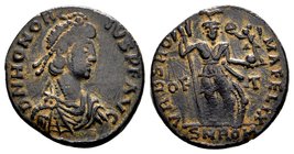 Honorius
Roma, 402-408 AD. AE3, 2.54 g. D N HONORIVS P F AVG diademed, draped, cuirassed bust of Honorius right / VRBS ROMA FELIX Roma standing facin...