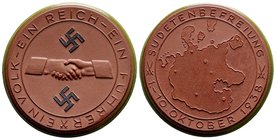 Germany, Third Reich
Porzellanmedaille, 1938, Scheuch-1862 w, 49mm white porcelain medal from Meissen, SUDETENBEFREIUNG 1-10 OKTOBER 1938 around map ...