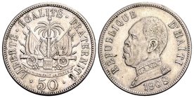 Haiti
Deuxième République. Pierre Nord Alexis. President, 1902-1908. CU-NI 50 Centimes, 1908. KM 56; Y 13. Lightly toned. UNC