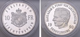 Liechtenstein
Hans Adam II. 10 francs, Y 22. AR, 30 g. UNC.