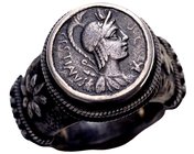 Coinjewelry
White metal Middle eastern style silver ring with Roman Republcan coin (Plaetorius m.f. Cestianus, Crawford 409/1). 43.93 g. VF. SOLD AS ...