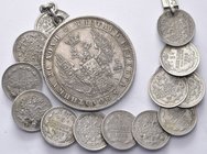 Coinjewelry
Chain with Russia, Nicholas I/Alexander III. 10 kopeke 1888 (14x) and 1 ruble 1848. 35,38 g. VF. SOLD AS IS. NO RETURN.