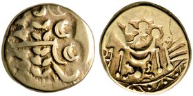 Gallia. Belgae. Blassgold-Stater, Typ "Chute gold stater" 65-40 v. Chr. Stark stilisierter Apollokopf nach rechts, bestehend aus Lorbeerkranz, Halbmon...