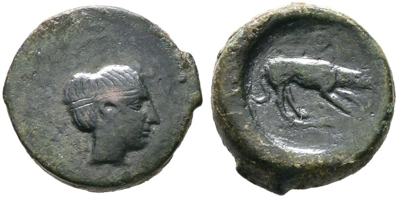 Sizilien. Segesta. AE-Hexas ca. 415 v. Chr. Nymphenkopf mit Sphendone im Haar na...