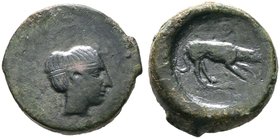 Sizilien. Segesta. AE-Hexas ca. 415 v. Chr. Nymphenkopf mit Sphendone im Haar nach rechts / Am Boden schnüffelnder Hund nach rechts, oben und unten je...