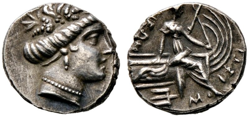 Euboia. Histiaia. Tetrobol 2./3. Jh v.Chr. Kopf der Nymphe Histiaia mit Sphendon...