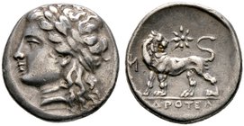 Ionia. Miletos. Drachme ca. 260-250 v. Chr. Magistrat Drotel. Belorbeerter Apollokopf nach links / Löwe nach links stehend mit zurück gewandtem Kopf, ...