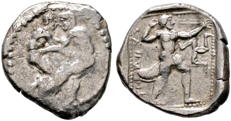 Pamphylia. Aspendos. Stater 4. Jh. v.Chr. Zwei Ringer / Schleuderer und Triskele...