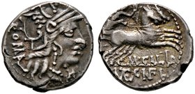 Römische Republik. M. Calidius, Q. Caecilius, Metellos Nepos und Cn. Fulvius 117 oder 116 v. Chr. Denar -Rom-. Romakopf mit Flügelhelm nach rechts, da...