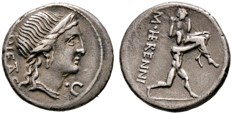 Römische Republik. M. Herennius 108-107 v. Chr. Denar -Rom-. Pietaskopf nach rec...