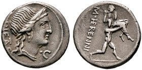 Römische Republik. M. Herennius 108-107 v. Chr. Denar -Rom-. Pietaskopf nach rechts, dahinter PIETAS, davor Kontrollmarke / Amphinomus trägt seinen Va...