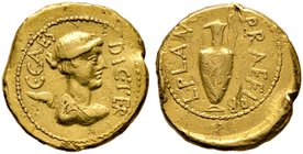 Imperatorische Prägungen. Julius Caesar †44 v. Chr. Aureus (Prägung des Präfekten L. Munatius Plancus) 45 v. Chr. -Rom-. Drapierte Victoriabüste nach ...