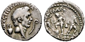 Imperatorische Prägungen. Sextus Pompeius †35, Sohn des Pompeius Magnus. Denar -Heeresmünzstätte der Pompeianer auf Sizilien-. Kopf des Pompeius Magnu...