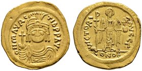 Mauricius Tiberius 582-602. Solidus 583/84-602 -Constantinopolis-. 3. Offizin. Ein zweites Exemplar. MIB 6, Sear 478, Sommer 7.5. 4,22 g
sehr schön