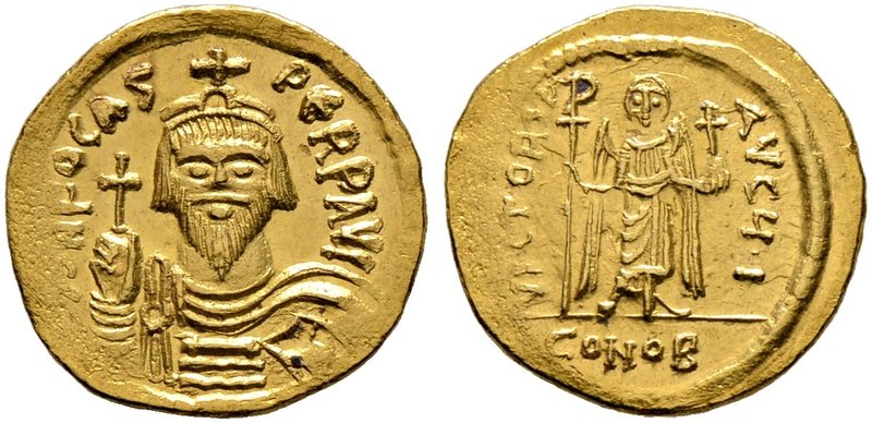 Phocas 602-610. Solidus 609/610 -Constantinopolis-. 2. Offizin. Gepanzerte Büste...