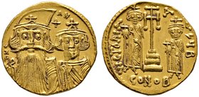 Constans II. mit Constantinus IV. 654-668. Solidus 662/667 -Constantinopolis-. 2. Offizin. Beide gekrönte Büsten von vorn / Stufenkreuz zwischen den f...