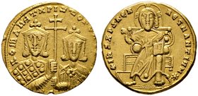 Constantinus VII. und Romanus I. 920-944. Solidus 921/931 -Constantinopolis-. Beide gekrönten Brustbilder von vorn, gemeinsam ein langes Patriarchenkr...