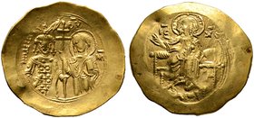 Johannes II. Komnenos 1118-1143. Hyperpyron (Scyphat) -Constantinopolis-. Mutter Gottes und Kaiser von vorn stehend, gemeinsam einen Kreuzstab haltend...