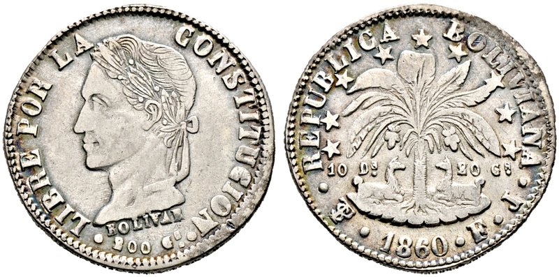 Bolivien. Republik. 4 Soles 1860 -Potosi- (FJ). KM 139.
selten und überdurchschn...