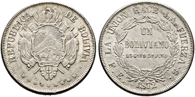 Bolivien. Republik. Boliviano 1872 -Potosi- (FE). Mit "LA UNION HACE LA FUERZA"....
