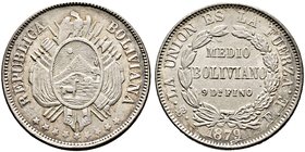 Bolivien. Republik. 50 Centavos (1/2 Boliviano) 1879 -Potosi- (FE). KM 161.3.
selten-besonders in dieser Erhaltung, minimale Überprägungsspuren, fast ...