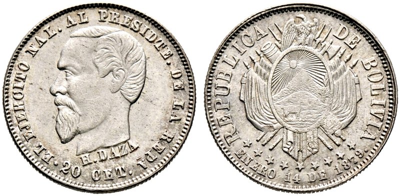 Bolivien. Republik. 20 Centavos 1879. Büste Präsident H. Daza nach links. KM 166...