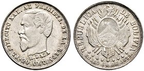 Bolivien. Republik. 20 Centavos 1879. Büste Präsident H. Daza nach links. KM 166.
selten in dieser Erhaltung, vorzüglich-prägefrisch