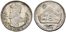 Bolivien. Republik. Kleine Silbermedaille zu 1/10 Boliviano 1865 unsigniert. Widmung an General Melgarejo von der Bevölkerung der Stadt Potosi. Brustb...