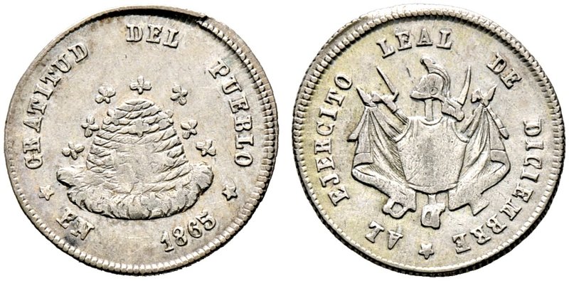 Bolivien. Republik. Kleine Silbermedaille zu 1/10 Boliviano 1865 unsigniert. Wid...