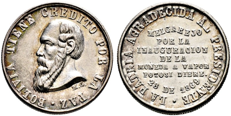 Bolivien. Republik. Silbermedaille 1869 mit Signatur M.G., auf die Einweihung de...