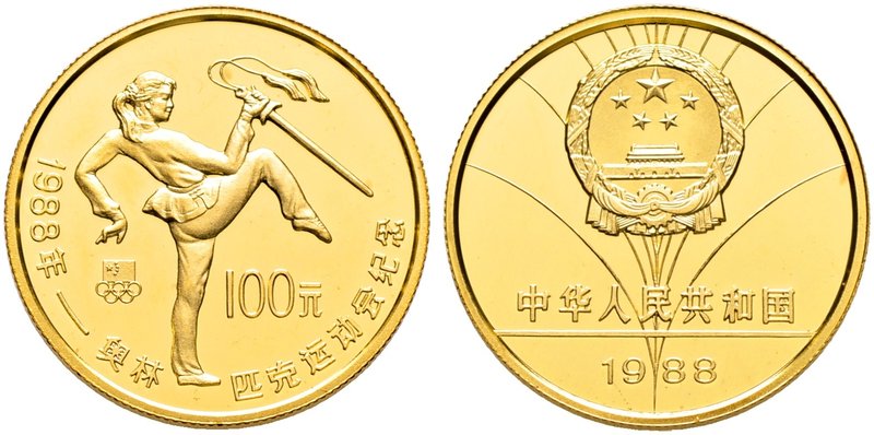 China-Volksrepublik. 100 Yuan 1988. Olympiade Seoul - Rhythmische Sportgymnastik...
