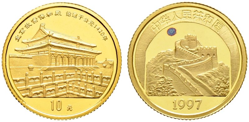 China-Volksrepublik. 10 Yuan 1997. Halle der höchsten Harmonie im Kaiserpalast z...