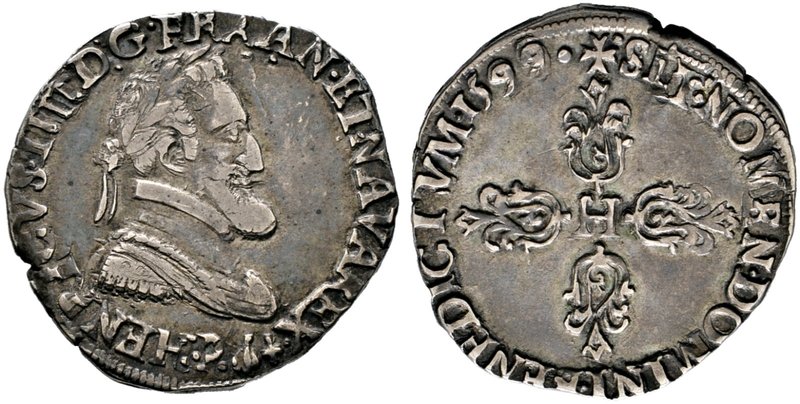 Frankreich-Königreich. Henri IV. 1589-1610. Demi Franc 1599 -Dijon-. Belorbeerte...