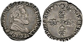 Frankreich-Königreich. Henri IV. 1589-1610. Demi Franc 1599 -Dijon-. Belorbeertes Brustbild nach rechts / Initiale "H" in der Mitte eines Blumenkreuze...