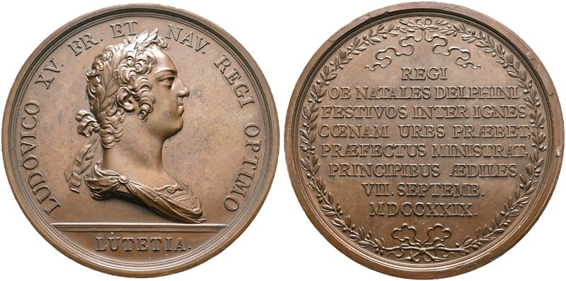 Frankreich-Königreich. Louis XV. 1715-1774. Bronzemedaille 1729 von Duvivier, au...