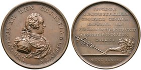 Frankreich-Königreich. Louis XV. 1715-1774. Bronzemedaille 1733 von J.C. Roettiers, auf die Grundsteinlegung für neue Lagerhäuser der EAST INDIA COMPA...