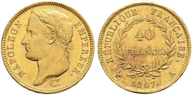 Frankreich-Königreich. Napoleon I. 1804-1815. 40 Francs 1807 -Paris-. Belorbeert...