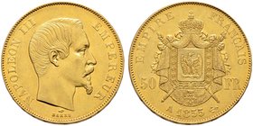 Frankreich-Königreich. Napoleon III. 1852-1870. 50 Francs 1855 -Paris-. Bloße Büste nach rechts. Gad. 1111, Fr. 571, Schl. 268. 16,18 g
vorzüglich