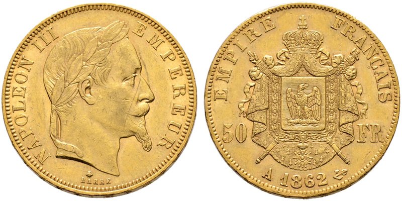 Frankreich-Königreich. Napoleon III. 1852-1870. 50 Francs 1862 -Paris-. Belorbee...