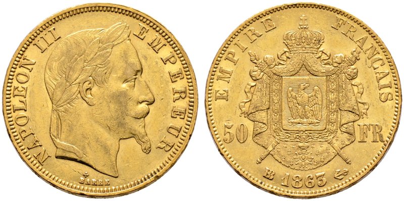Frankreich-Königreich. Napoleon III. 1852-1870. 50 Francs 1863 -Straßburg-. Gad....