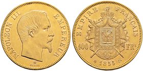 Frankreich-Königreich. Napoleon III. 1852-1870. 100 Francs 1855 -Straßburg-. Bloße Büste nach rechts. Gad. 1135, Fr. 570, Schl. 263. 32,40 g. Auflage:...