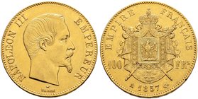 Frankreich-Königreich. Napoleon III. 1852-1870. 100 Francs 1857 -Paris-. Ein drittes Exemplar. Gad. 1135, Fr. 569, Schl. 260. 32,40 g
minimale Randfeh...