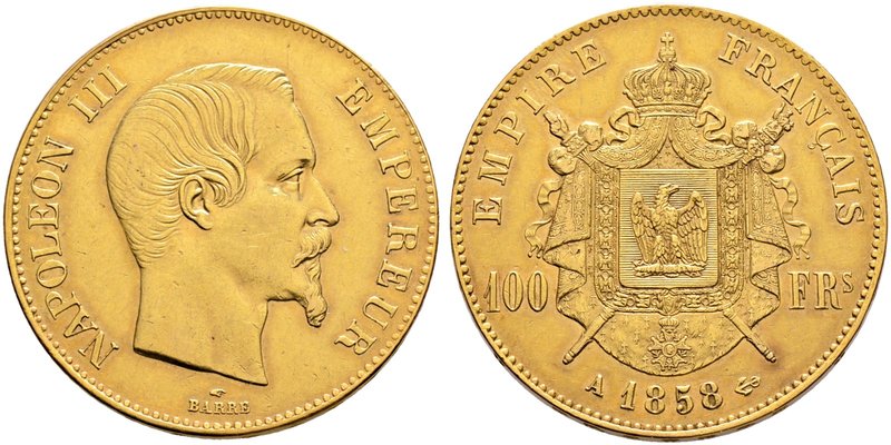 Frankreich-Königreich. Napoleon III. 1852-1870. 100 Francs 1858 -Paris-. Gad. 11...