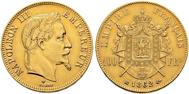 Frankreich-Königreich. Napoleon III. 1852-1870. 100 Francs 1862 -Straßburg-. Gad...