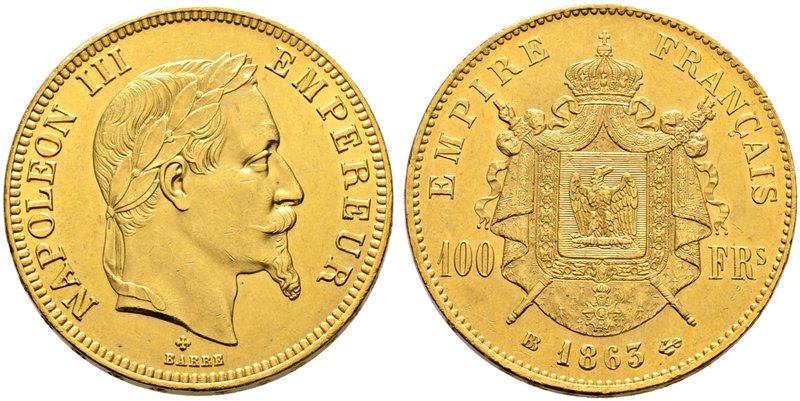 Frankreich-Königreich. Napoleon III. 1852-1870. 100 Francs 1863 -Straßburg-. Gad...