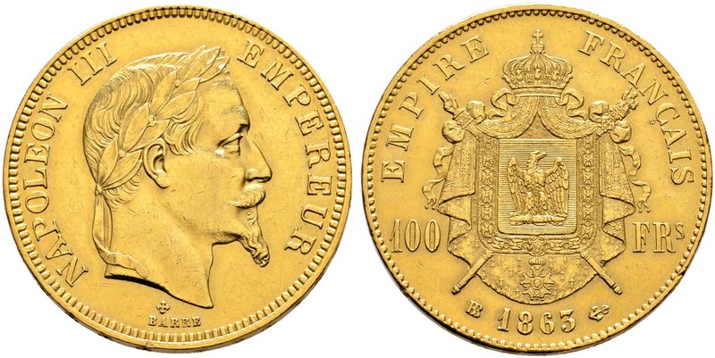 Frankreich-Königreich. Napoleon III. 1852-1870. 100 Francs 1863 -Straßburg-. Ein...